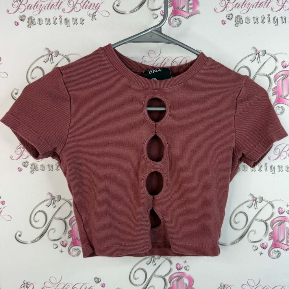 Nine tall fundamentals T-shirt red brown Mauve Ribbed Cutout Crop Top